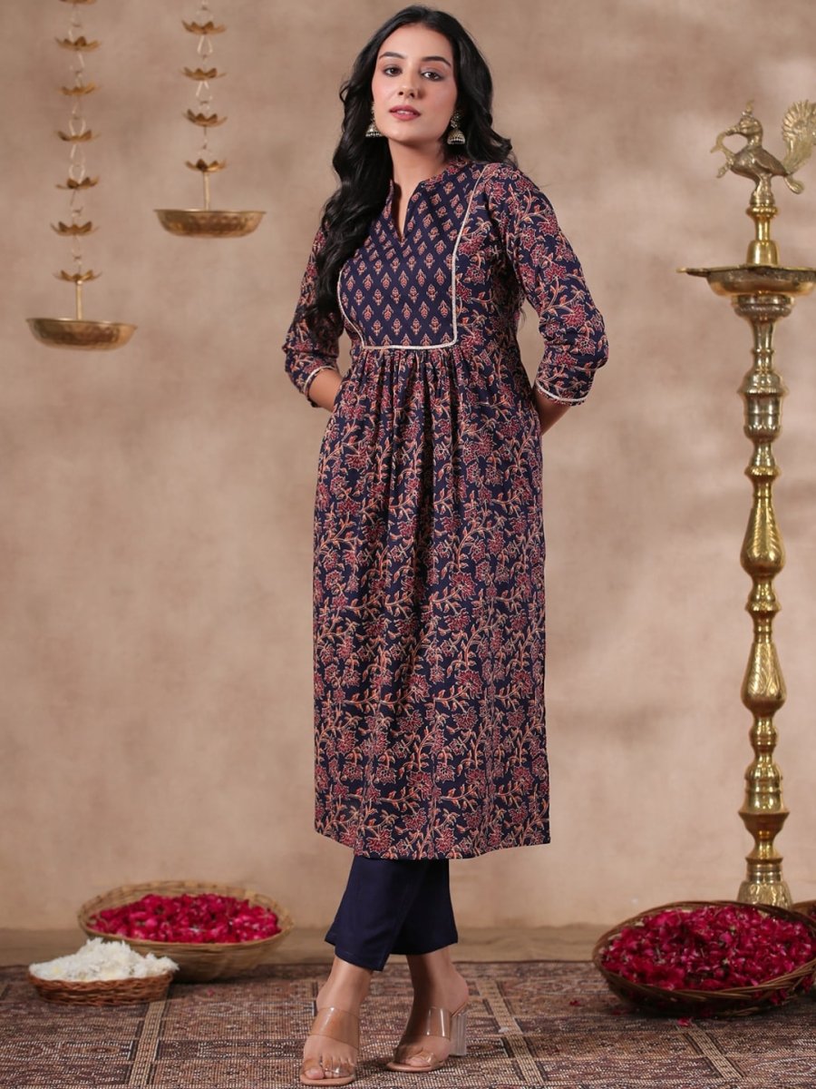 Anubhutee Floral Printed Mandarin Collar Pure Cotton Anarkali Kurta With Trousers - Distacart