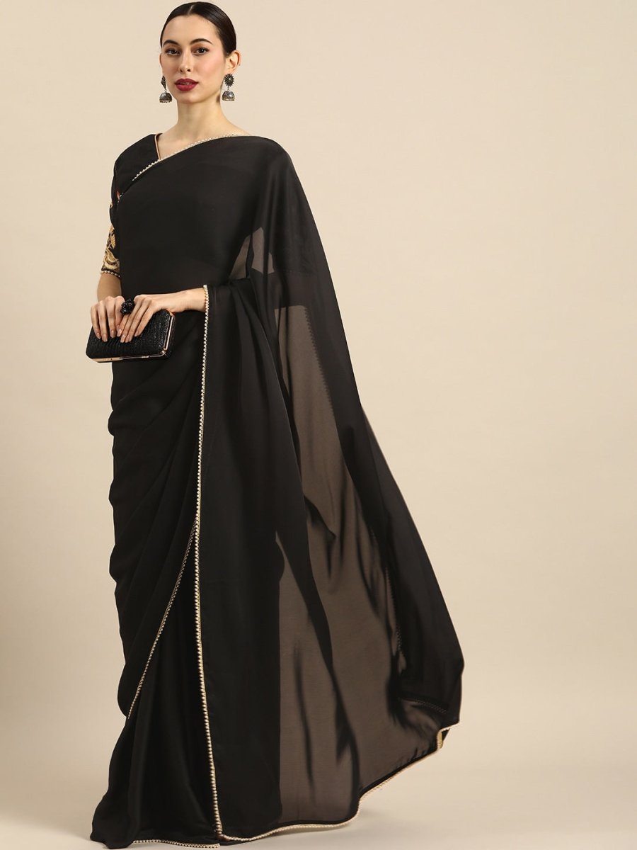 Anouk Black Solid Satin Pearl Border Saree - Distacart