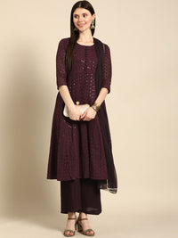 Thumbnail for Anouk Women Burgundy Ethnic Motifs Embroidered Kurta with Palazzos & With Dupatta - Distacart