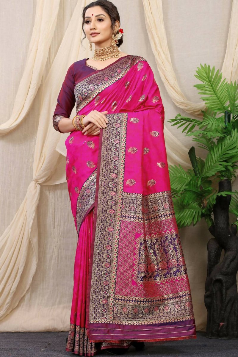 Aastha Fashion Rani Pink Woven Banarasi Silk Saree with Blouse - Distacart