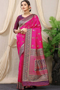 Thumbnail for Aastha Fashion Rani Pink Woven Banarasi Silk Saree with Blouse - Distacart