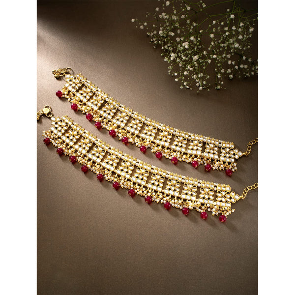 18k Gold Plated Bridal Kundan Pearl Anklets/Payal For Women - Wahe Jewels