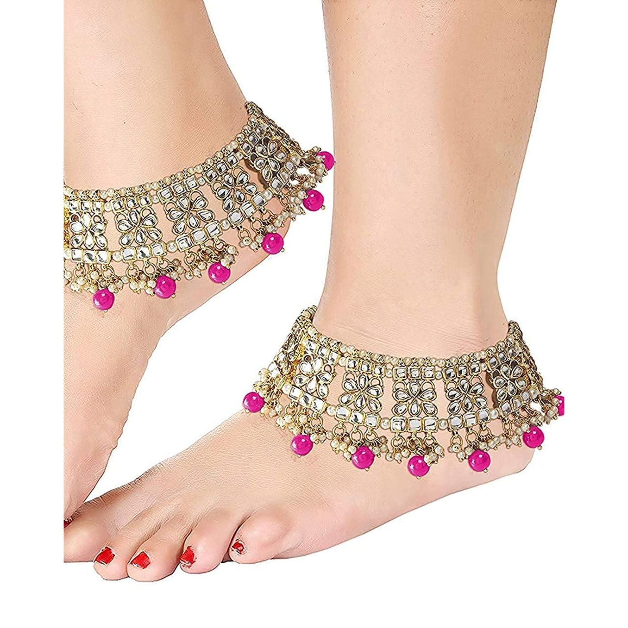 18k Gold Plated Bridal Kundan Pearl Anklets/Payal For Women - Wahe Jewels