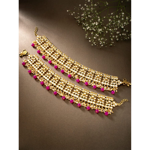 18k Gold Plated Bridal Kundan Pearl Anklets/Payal For Women - Wahe Jewels