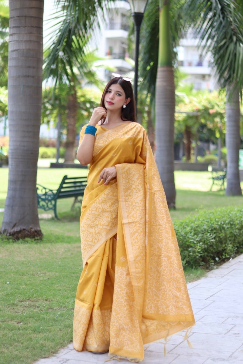 Aastha Fashion Yellow Woven Handloom Raw Silk Saree with Blouse - Distacart