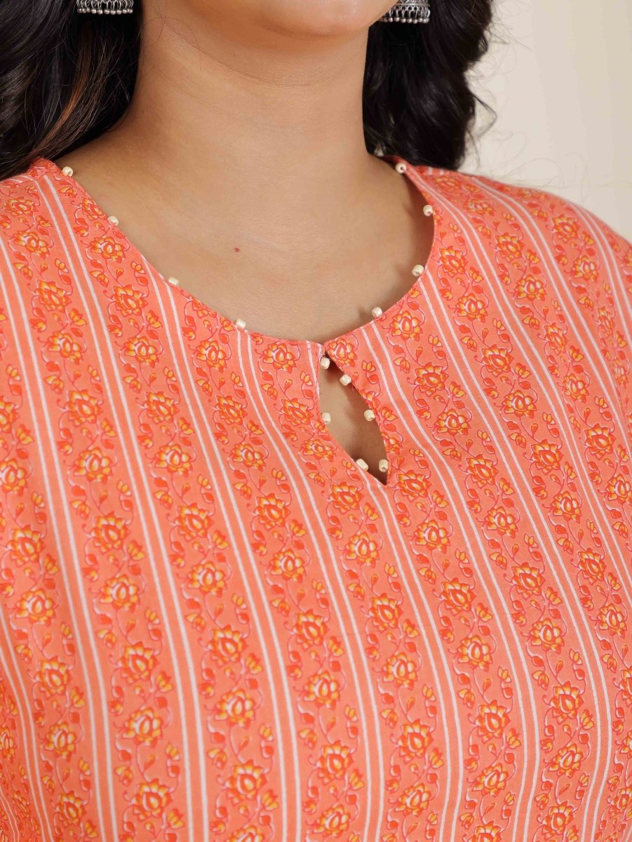 Aramya Straight Soft Cotton Striped Print Women's Kurta - Orange