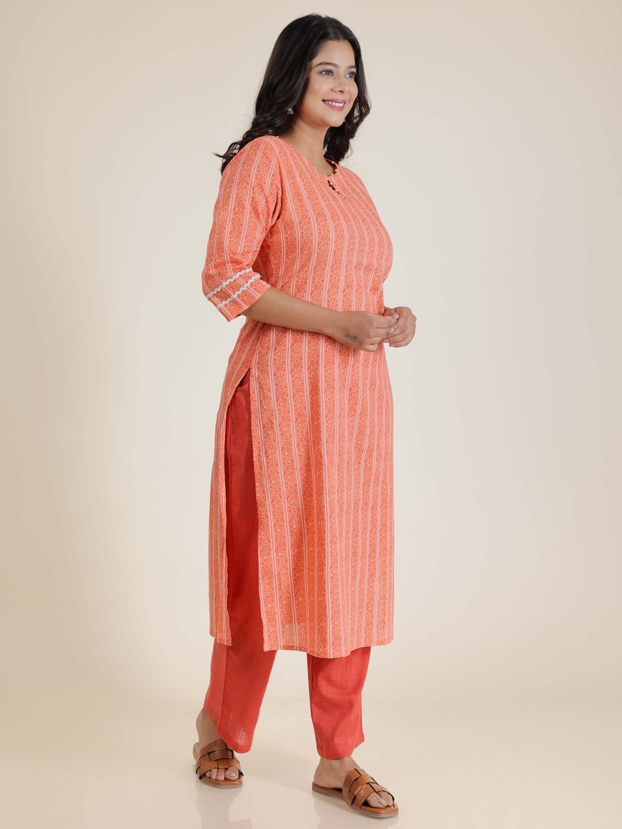 Aramya Straight Soft Cotton Striped Print Women's Kurta - Orange