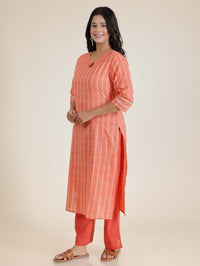 Thumbnail for Aramya Straight Soft Cotton Striped Print Women's Kurta - Orange