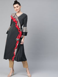 Thumbnail for Ahalyaa Women Charcoal Grey Solid Ruffled Angrakha A-Line Kurta