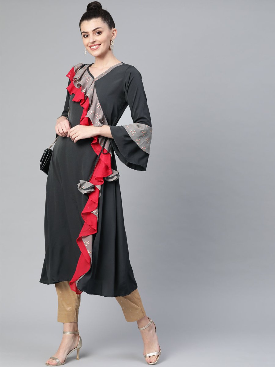 Ahalyaa Women Charcoal Grey Solid Ruffled Angrakha A-Line Kurta