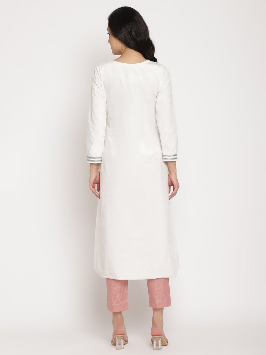 Ahalyaa Women's White Solid Velvet Angrakha Kurta With Gold Printed Pant