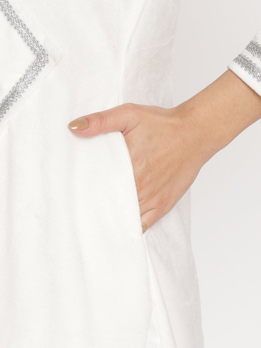 Ahalyaa Women's White Solid Velvet Angrakha Kurta With Gold Printed Pant