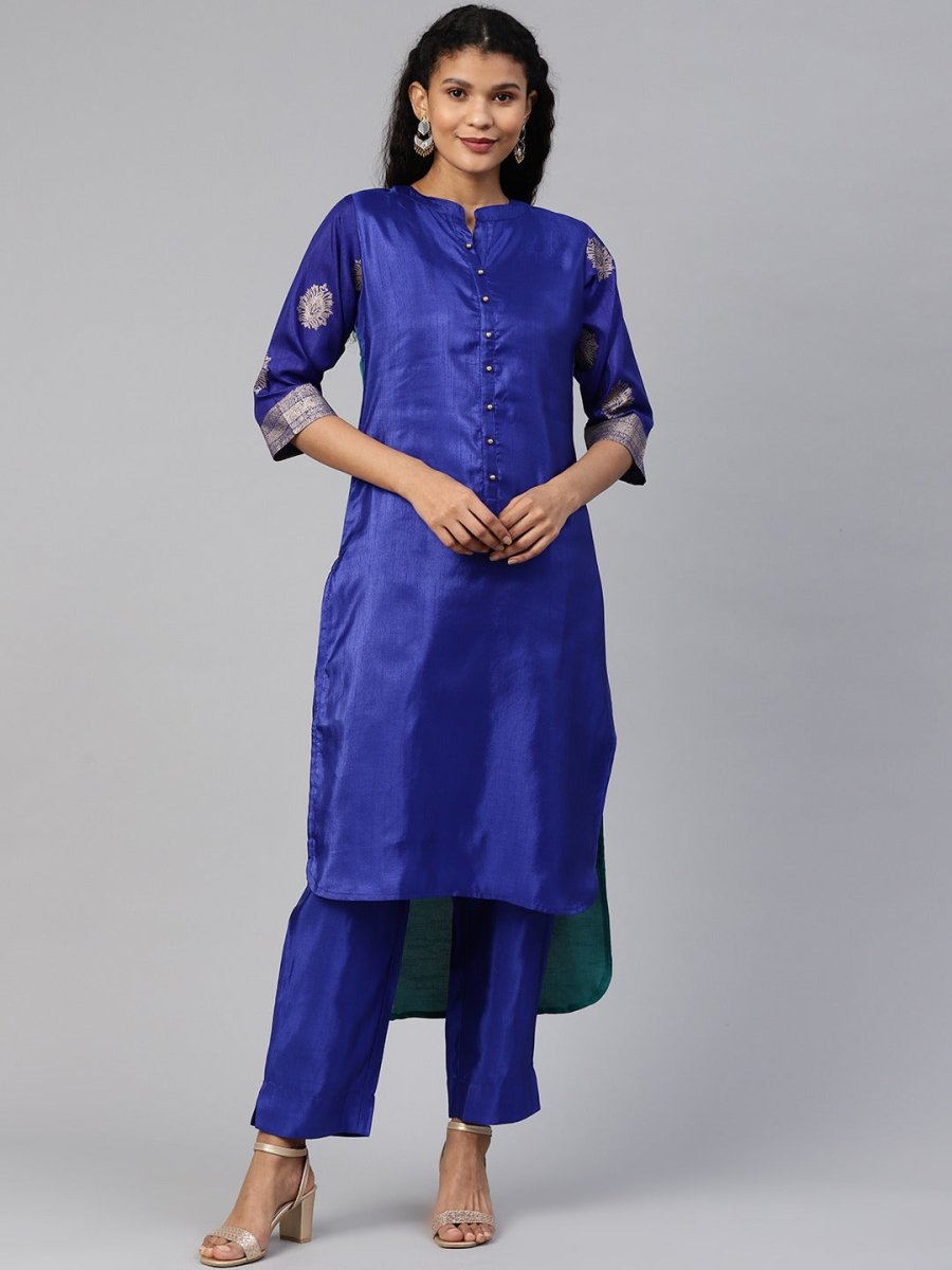 Ahalyaa Women Blue & Green Solid High Low Kurta with Trousers