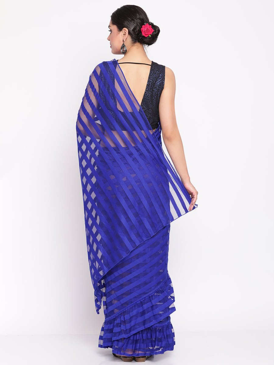 Ahalyaa Blue & Black Striped Net Ready to Wear Saree Set