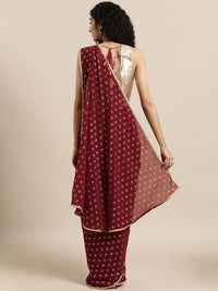 Thumbnail for Ahalyaa Women's Maroon Georgette Gold Foil Print Ready to Wear Saree