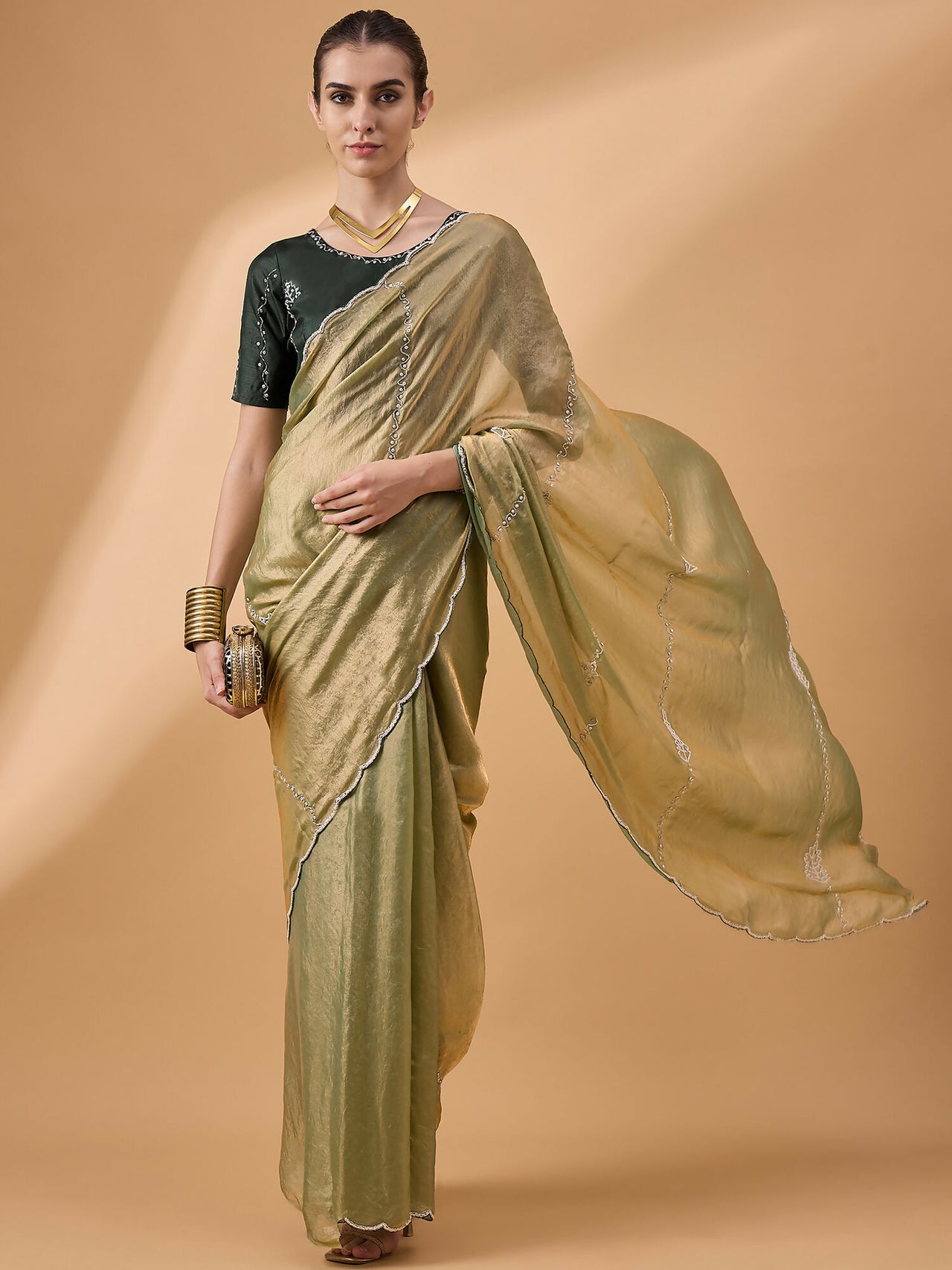 Green Muslin Embroidered Saree with Unstitched Blouse Piece - Satya