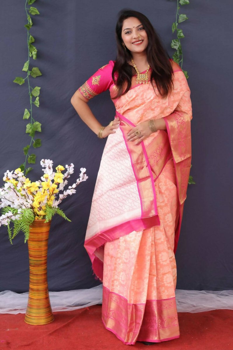 Aastha Fashion Peach Woven Tissue Silk Saree with Blouse - Distacart