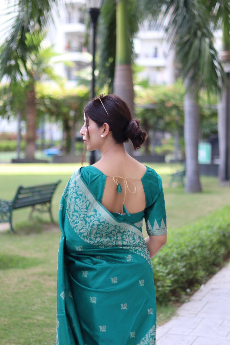 Aastha Fashion Teal Woven Handloom Raw Silk Saree with Blouse - Distacart