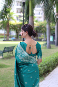 Thumbnail for Aastha Fashion Teal Woven Handloom Raw Silk Saree with Blouse - Distacart