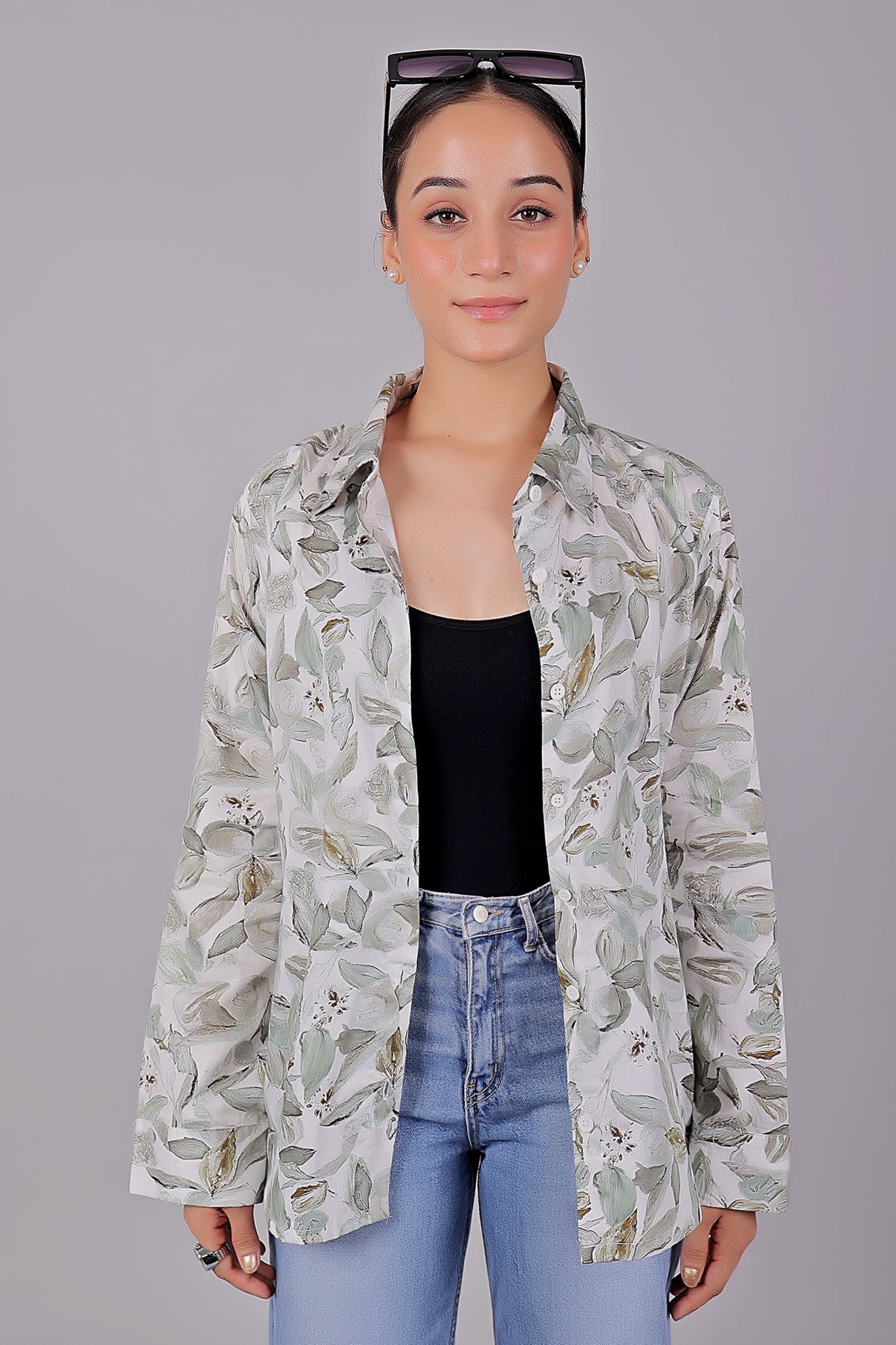 Bluebird Women's White Green Leaf Printed Satin Shirt