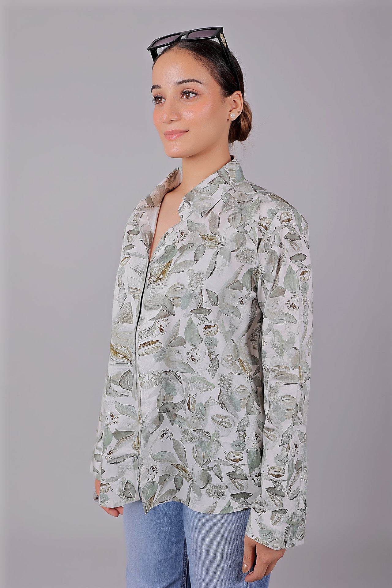 Bluebird Women's White Green Leaf Printed Satin Shirt