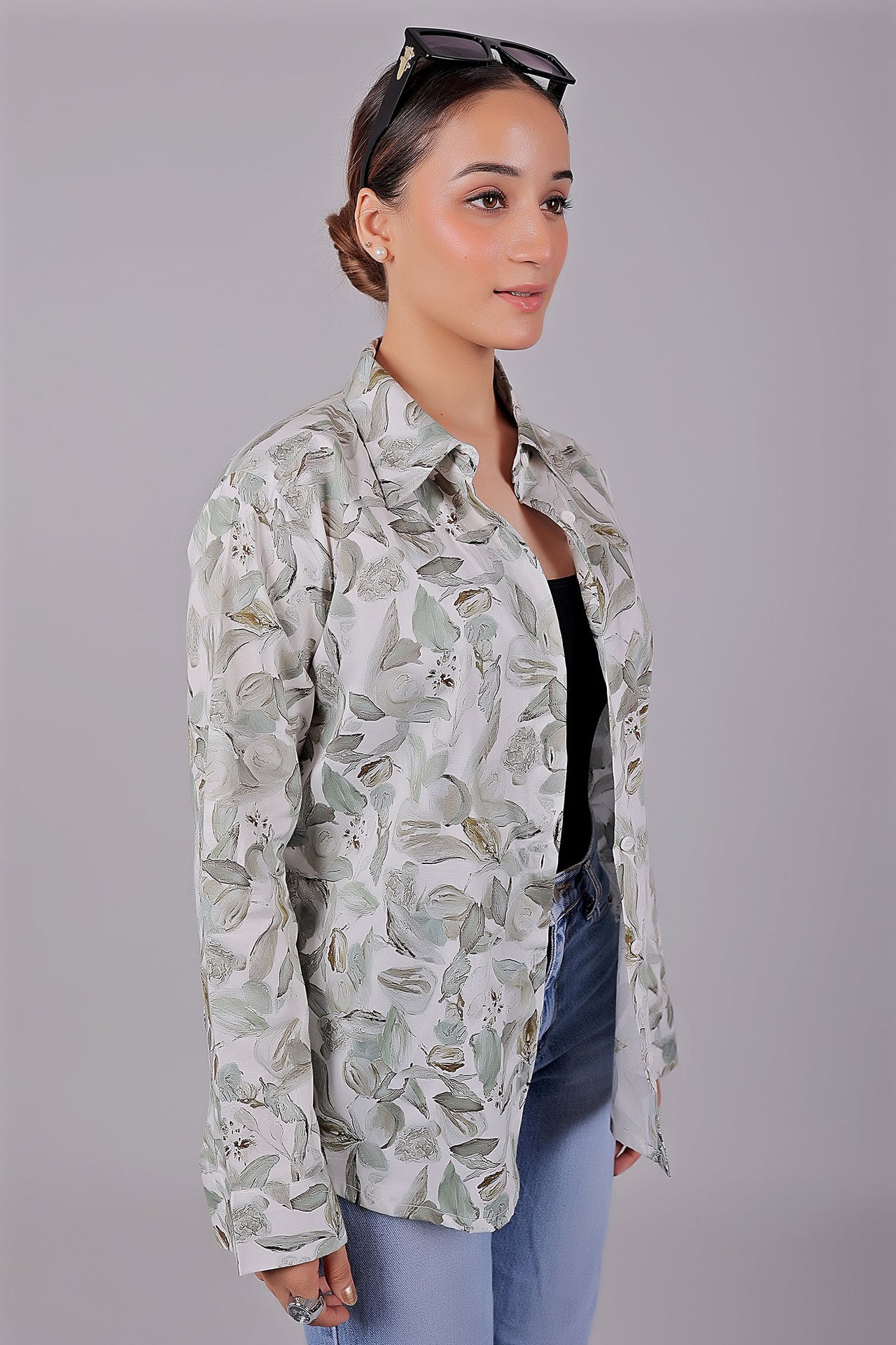 Bluebird Women's White Green Leaf Printed Satin Shirt