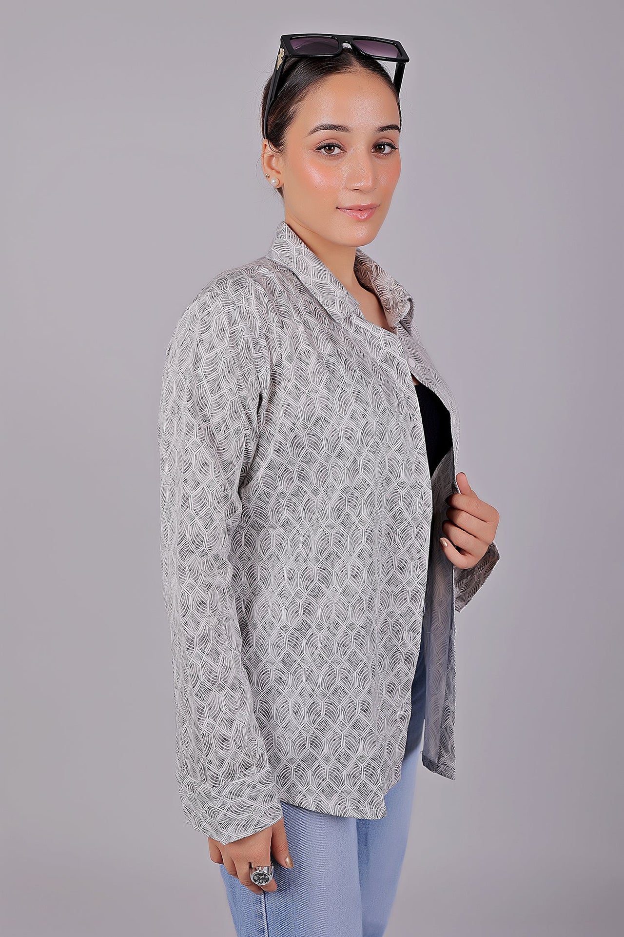 Bluebird Women's White Grey Print Satin Shirt