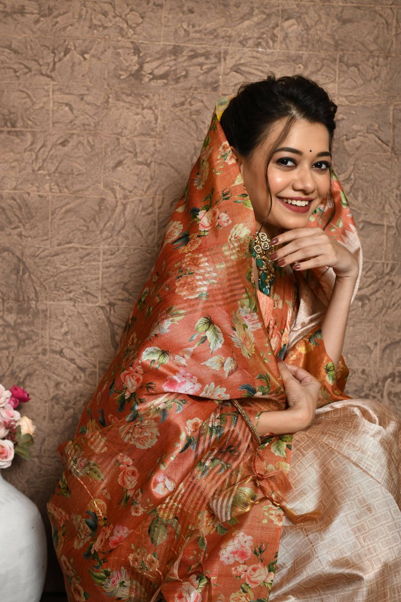 Aastha Fashion Orange Floral Printed Silk Saree with Blouse - Distacart