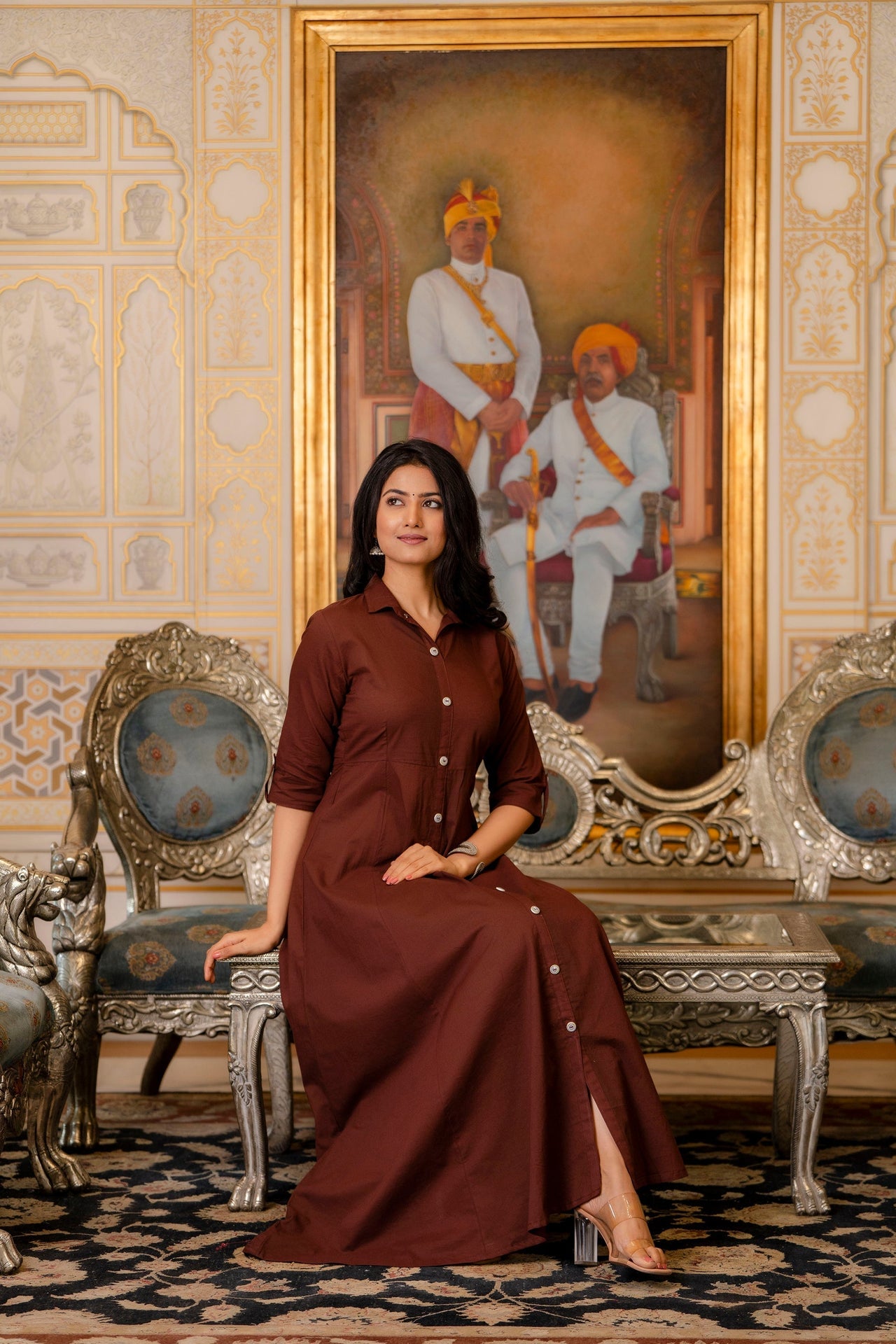 Women Chocolate Brown Maxi Dress with Shirt Collar & 3/4 sleeves - Rasiya - Distacart