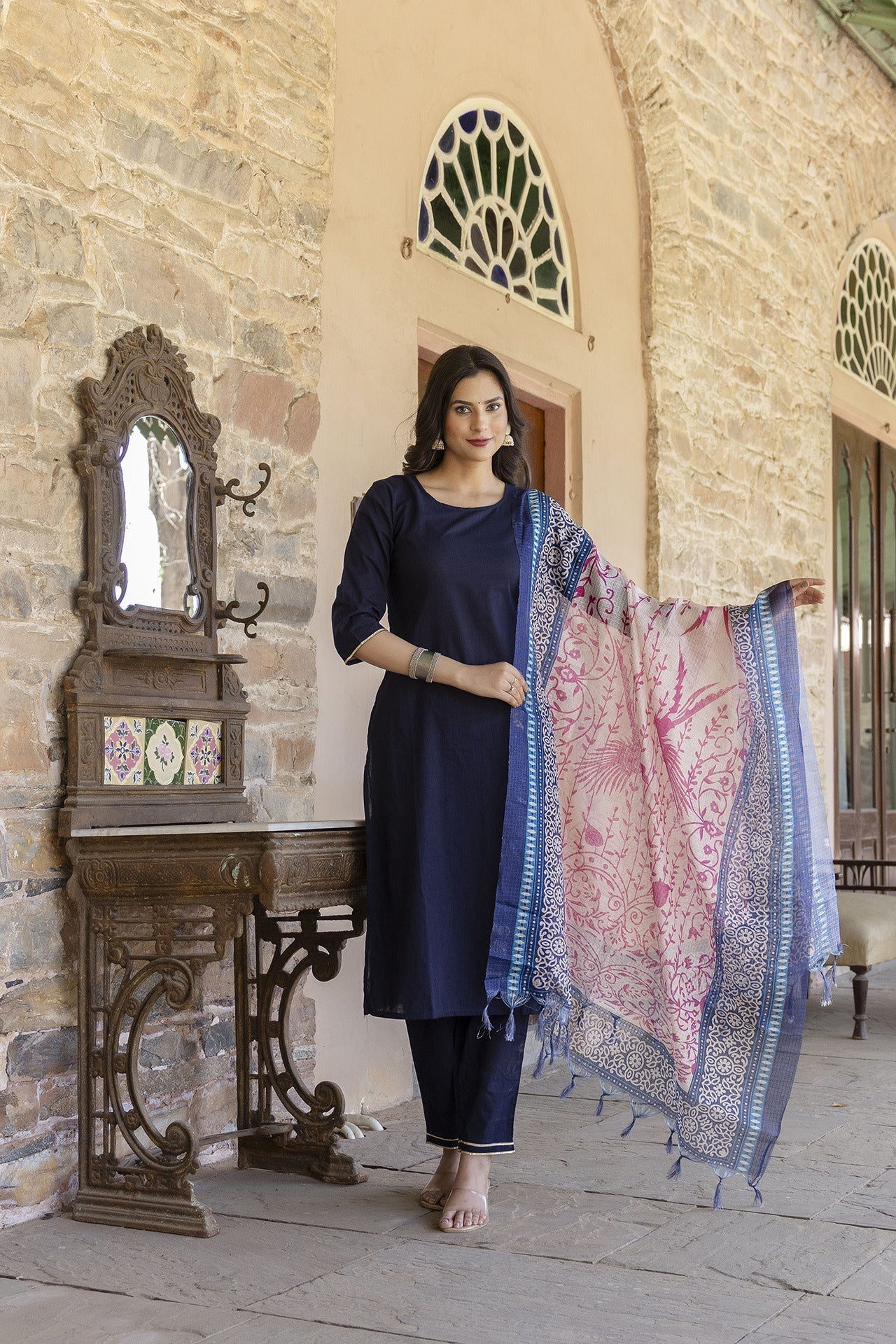 Women Navy Blue Kurta Set With Pants & printed Dupatta - Rasiya