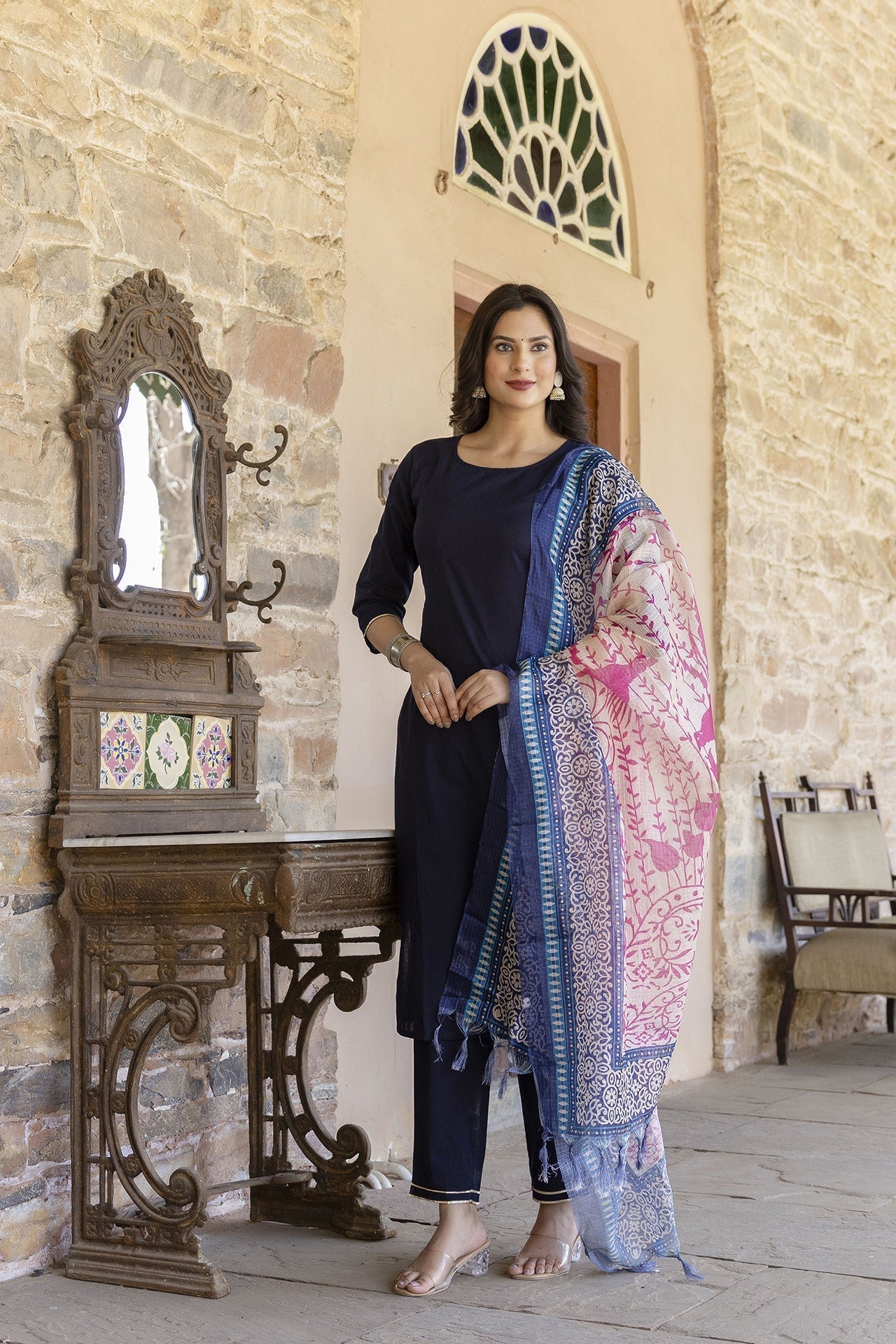 Women Navy Blue Kurta Set With Pants & printed Dupatta - Rasiya