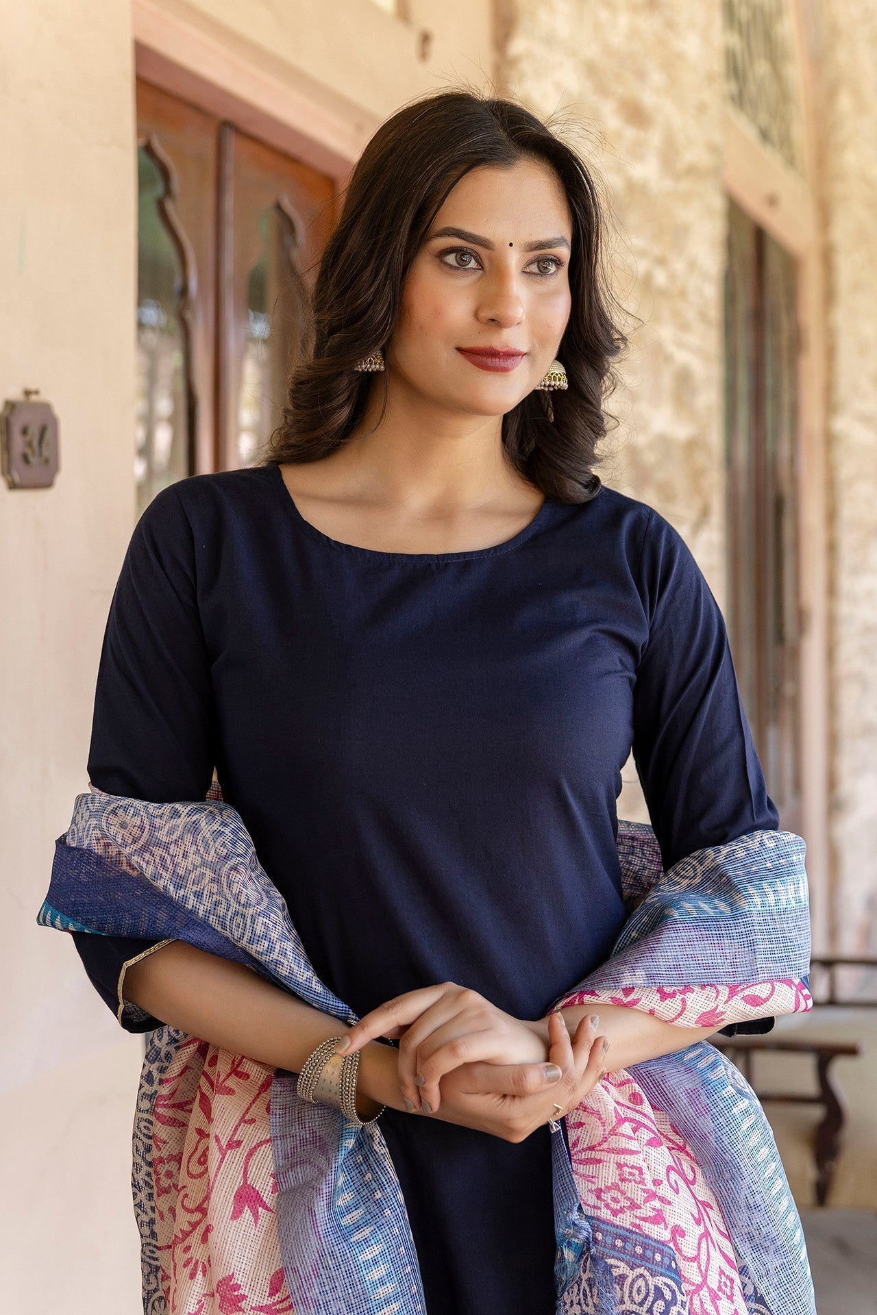 Women Navy Blue Kurta Set With Pants & printed Dupatta - Rasiya