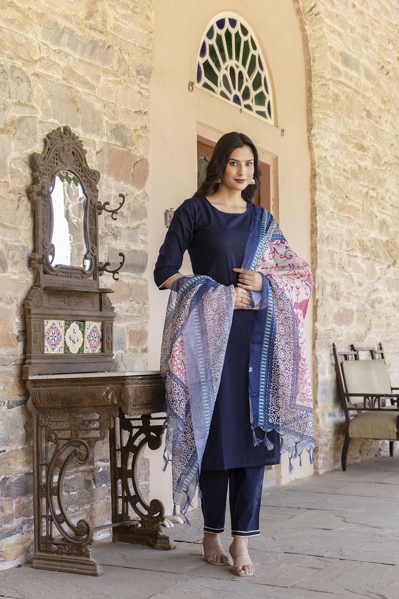 Women Navy Blue Kurta Set With Pants & printed Dupatta - Rasiya