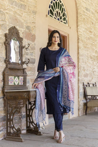 Thumbnail for Women Navy Blue Kurta Set With Pants & printed Dupatta - Rasiya