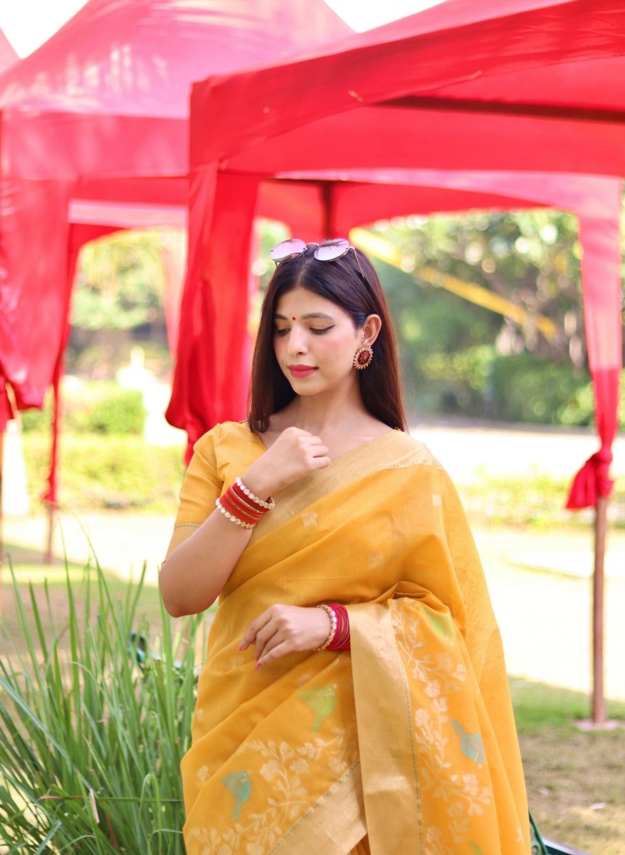 Aastha Fashion Yellow Thread Woven Cotton Silk Saree with Blouse - Distacart