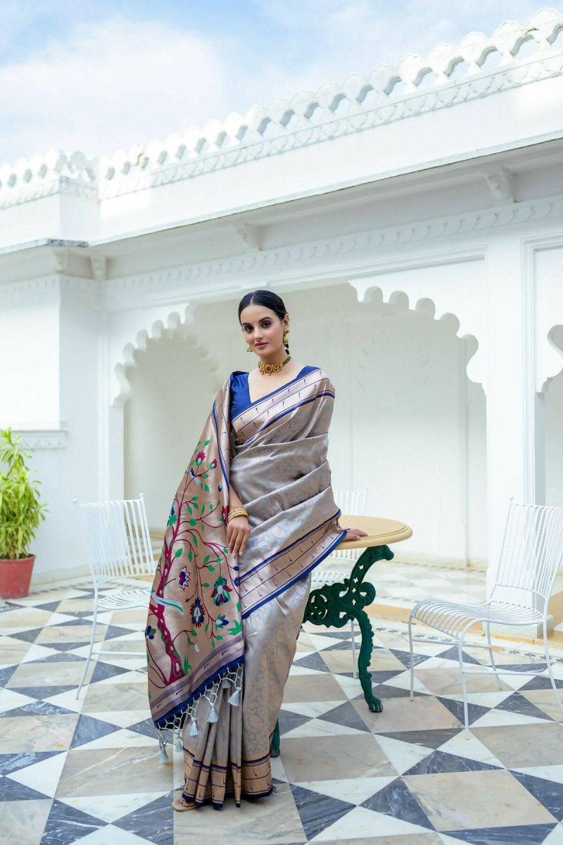 Aastha Fashion Grey Woven Kanjivaram Silk Saree with Blouse - Distacart