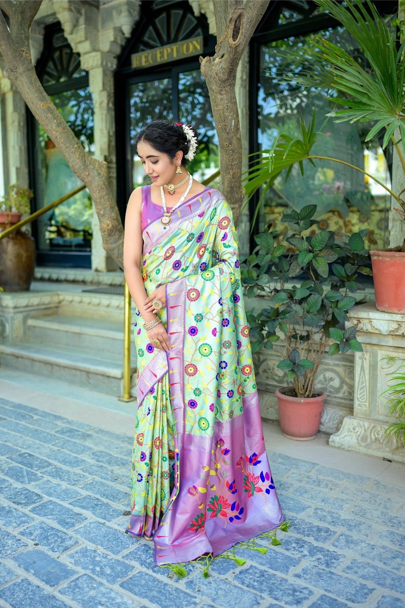 Aastha Fashion Sea Green Woven Kanjivaram Silk Saree with Blouse - Distacart