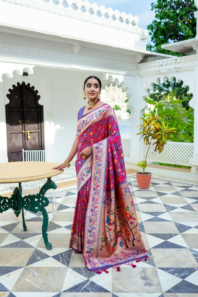 Aastha Fashion Magenta Woven Paithani Silk Saree with Blouse - Distacart