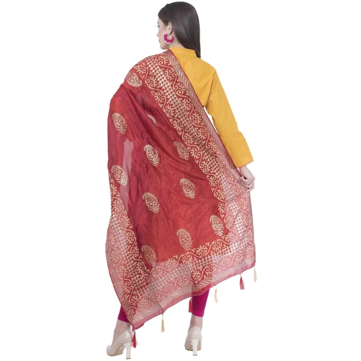 A R Silk Women's Gold Print Silk Mehroon Dupattas and Chunnis