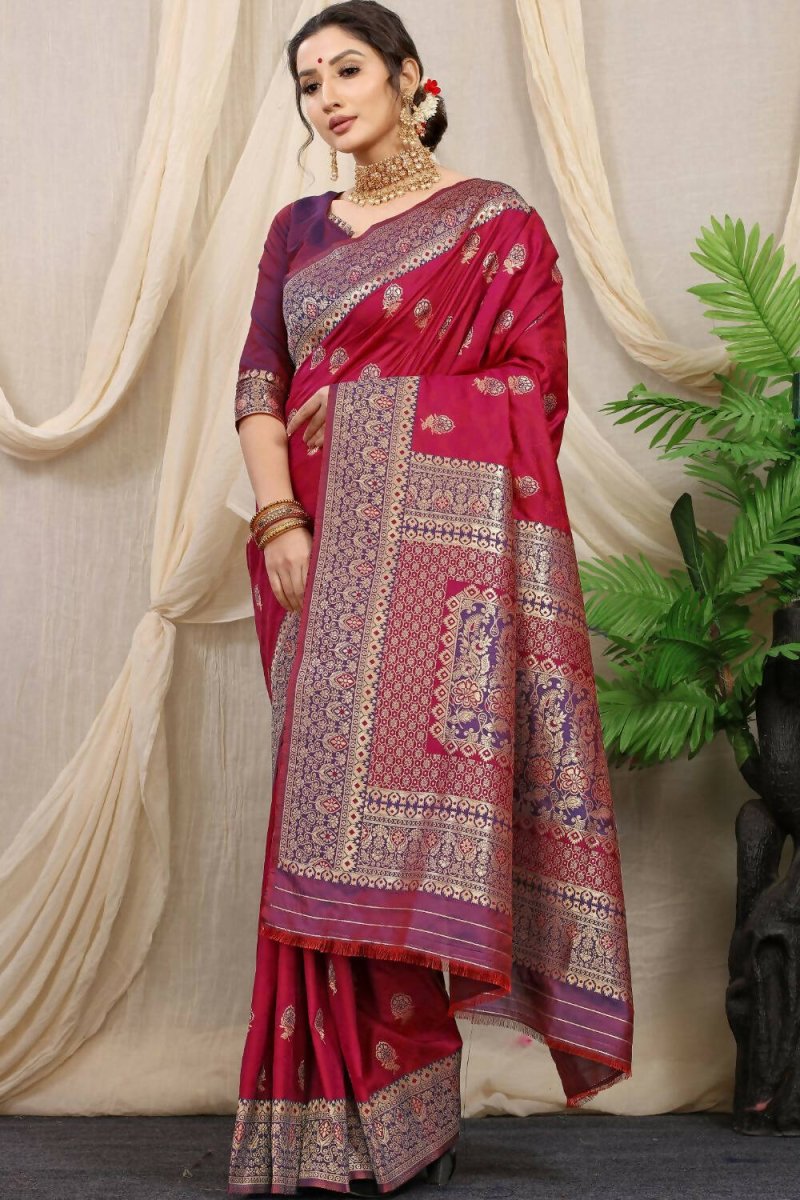 Aastha Fashion Maroon Woven Banarasi Silk Saree with Blouse - Distacart