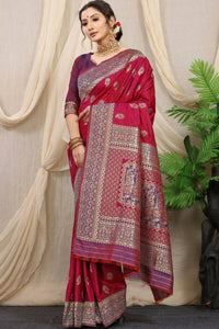 Thumbnail for Aastha Fashion Maroon Woven Banarasi Silk Saree with Blouse - Distacart