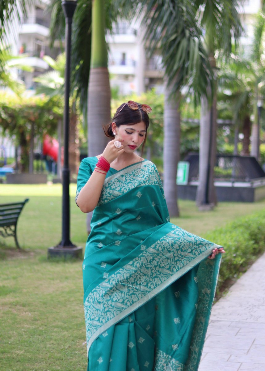 Aastha Fashion Teal Woven Handloom Raw Silk Saree with Blouse - Distacart