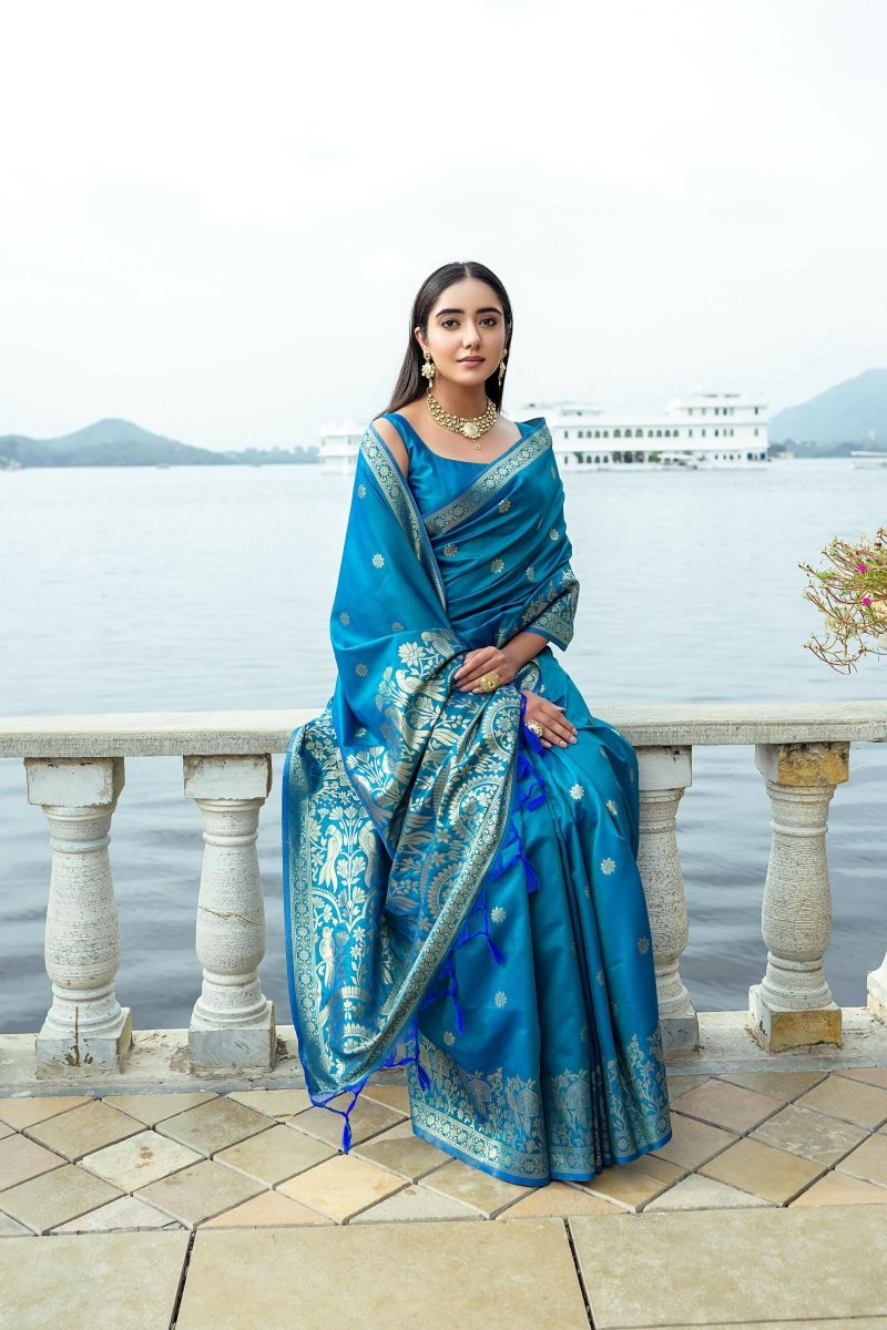 Aastha Fashion Blue Woven Soft Silk Saree with Blouse - Distacart