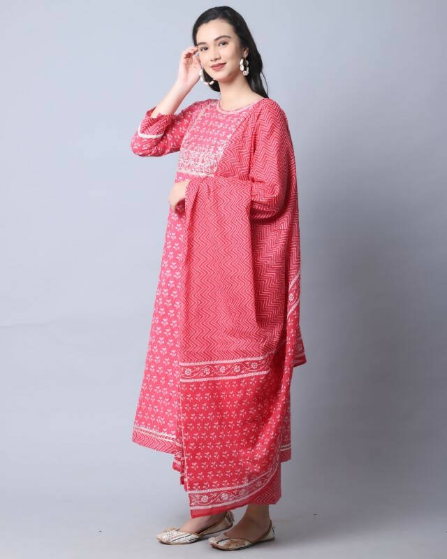 Aastha Fashion Women's Pink Cotton Embroidered Kurta with Trouser & Dupatta - Distacart