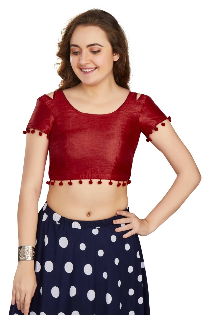 Aastha Fashion Women's Maroon Art Silk Pom Pom Lace Readymade Blouse - Distacart