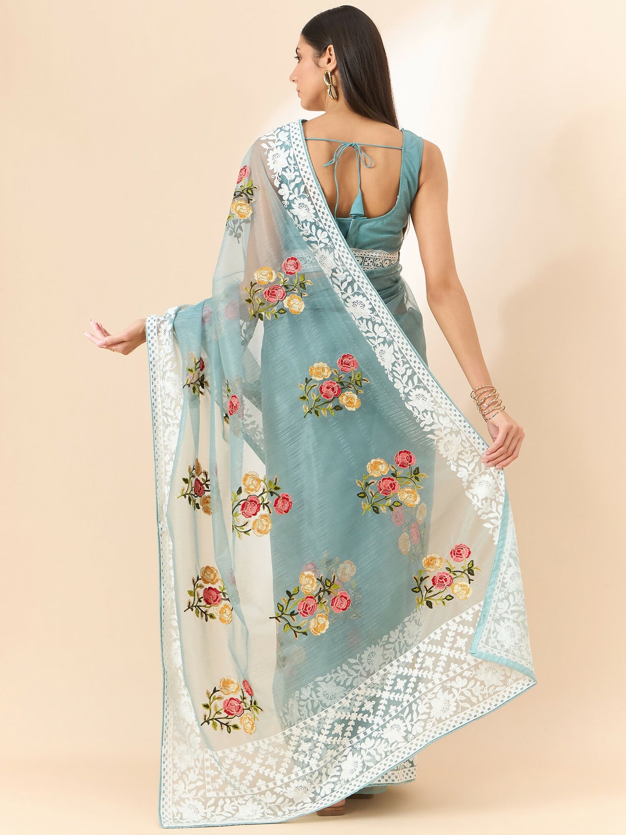 Blue Organza Floral Embroidered Saree with Unstitched Blouse Piece - Roozal - Distacart