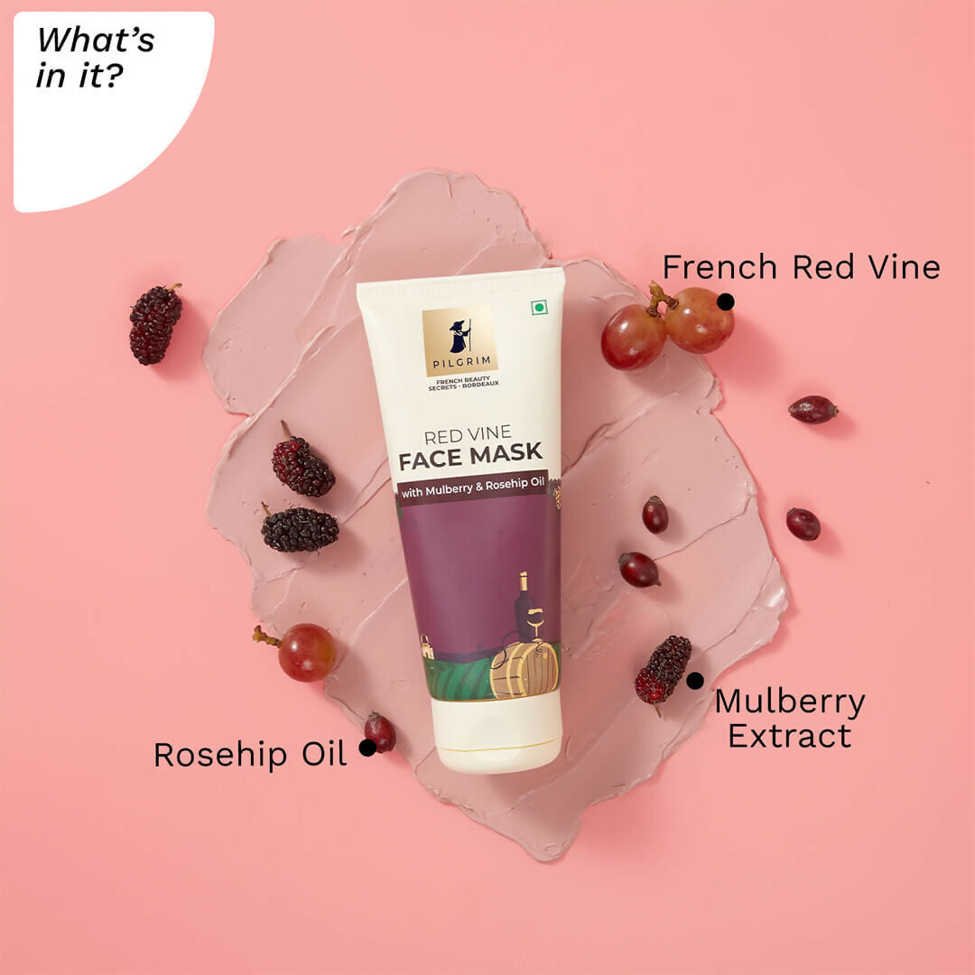 Pilgrim Anti Ageing Red Vine Face Mask with Mulberry Extracts & Rosehip Oil For Glowing Skin, De-Tan, Dark Spots, Blackheads Removal - Distacart