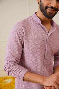 Thumbnail for Jompers Men's Purple Chikankari Embroidered and Sequence Kurta Only - Distacart