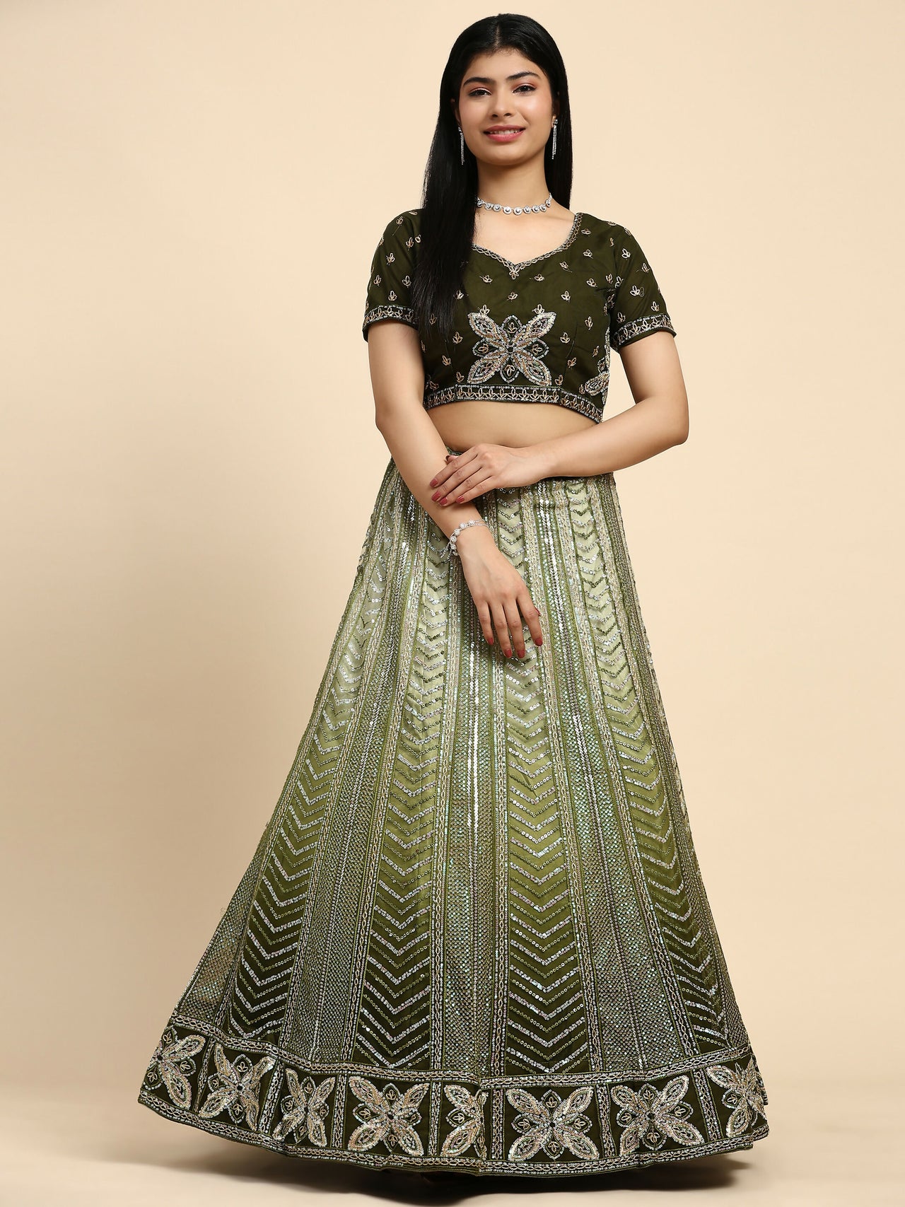 Green Fancy Net Sequence Embroidered Lehenga Choli with Dupatta - Dhara - Distacart