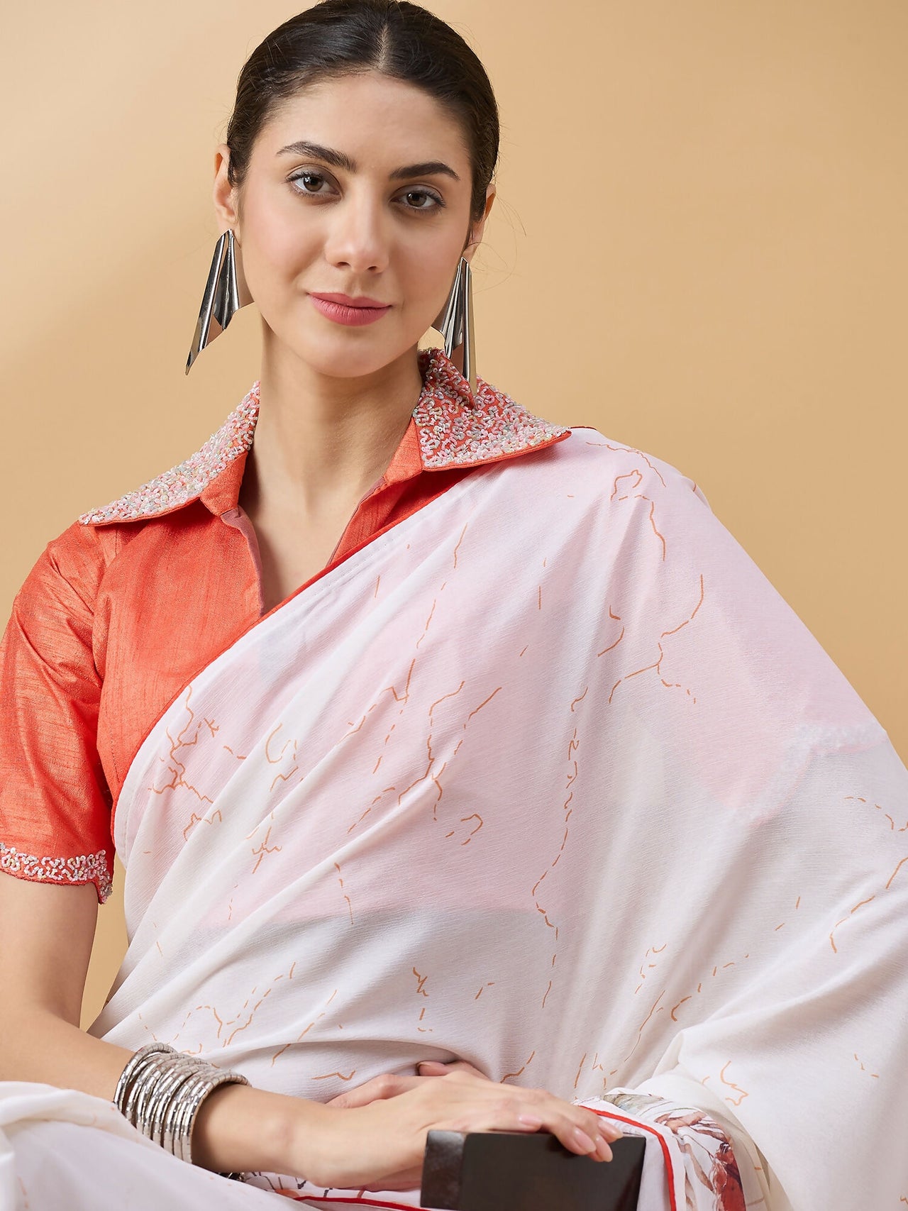 White Chiffon Floral Printed Saree with Stitched Blouse - Dharavi - Distacart